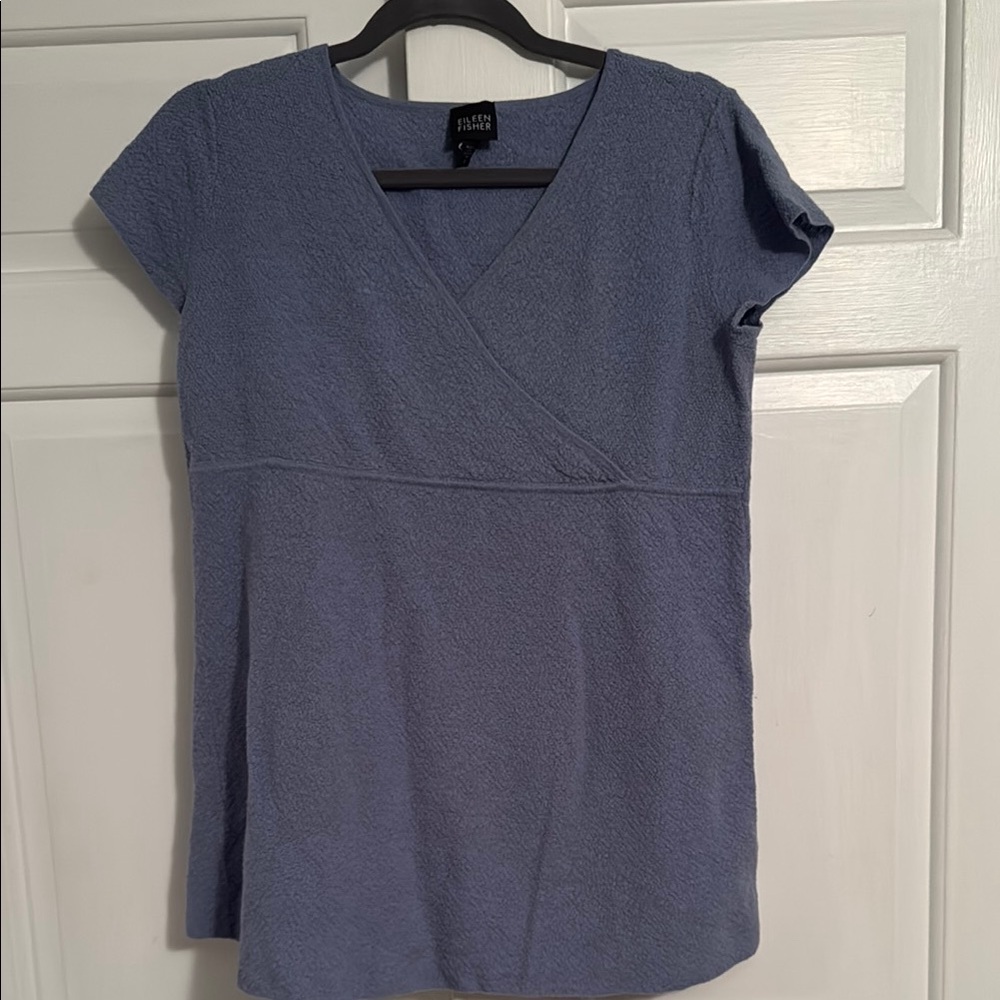 Eileen Fisher Blue Short-Sleeve Wrap-Front Top
